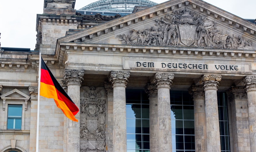 a flag in front of a building